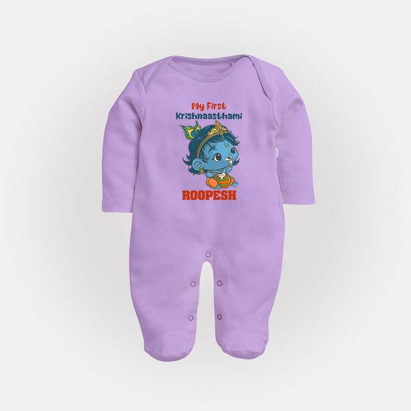 My First Krishnashtami Festive Sleep Suit/Full Sleeve Body Suit | Personalized Baby Sleep Suit/Full Sleeve Body Suit for Krishna's Birth - LILAC - New Born (Chest 7.5")