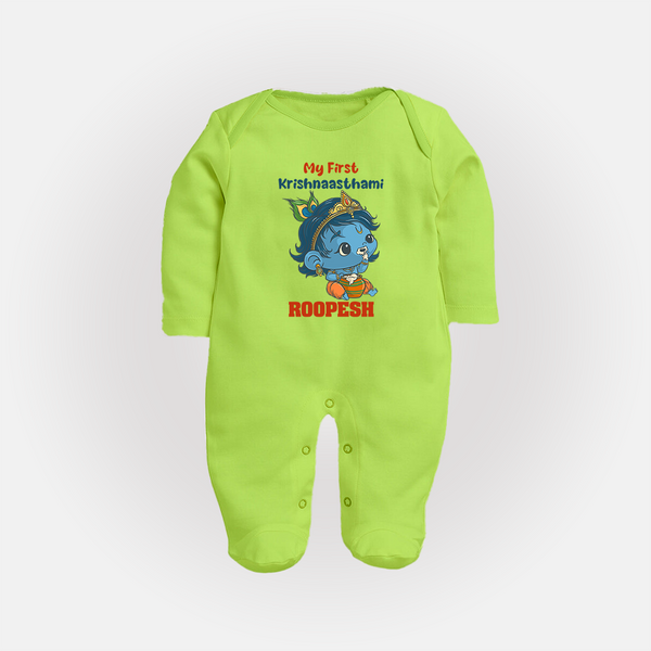 My First Krishnashtami Festive Sleep Suit/Full Sleeve Body Suit | Personalized Baby Sleep Suit/Full Sleeve Body Suit for Krishna's Birth - LIME GREEN - New Born (Chest 7.5")