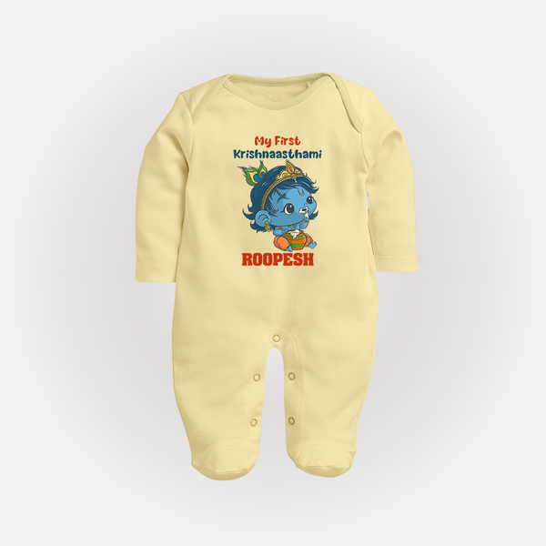 My First Krishnashtami Festive Sleep Suit/Full Sleeve Body Suit | Personalized Baby Sleep Suit/Full Sleeve Body Suit for Krishna's Birth - PASTEL YELLOW - New Born (Chest 7.5")