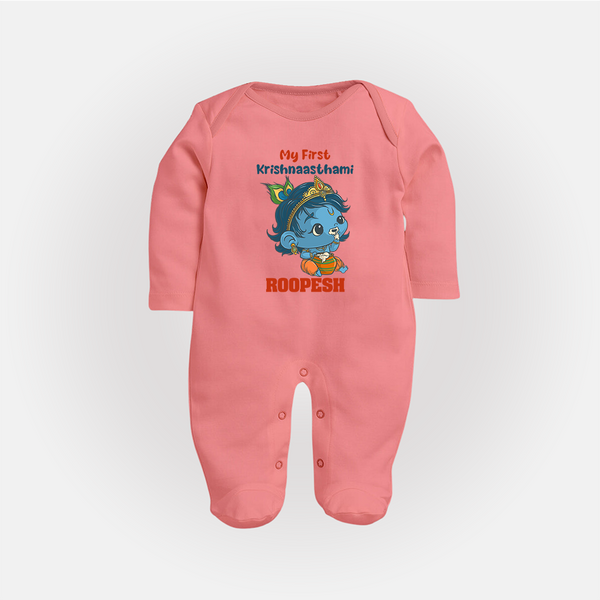 My First Krishnashtami Festive Sleep Suit/Full Sleeve Body Suit | Personalized Baby Sleep Suit/Full Sleeve Body Suit for Krishna's Birth - PEACH - New Born (Chest 7.5")