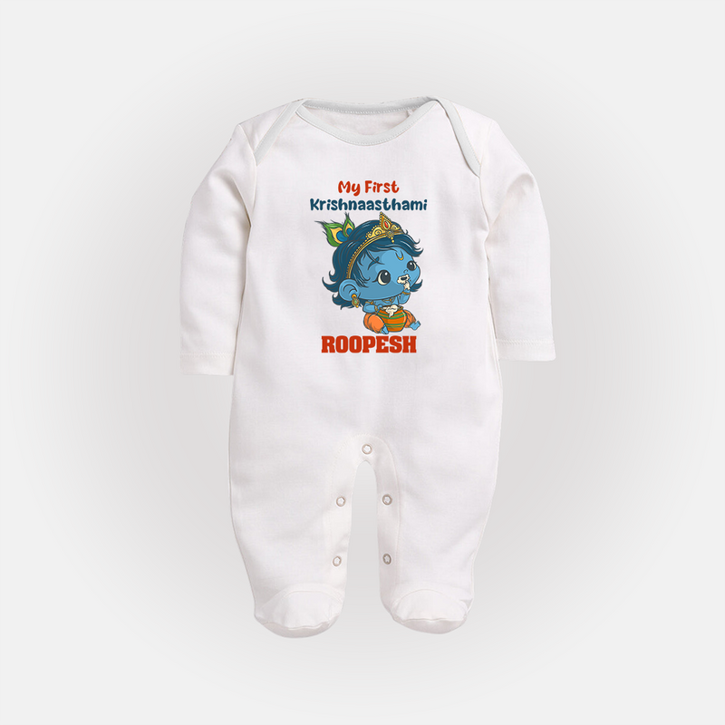 My First Krishnashtami Festive Sleep Suit/Full Sleeve Body Suit | Personalized Baby Sleep Suit/Full Sleeve Body Suit for Krishna's Birth - WHITE - New Born (Chest 7.5")
