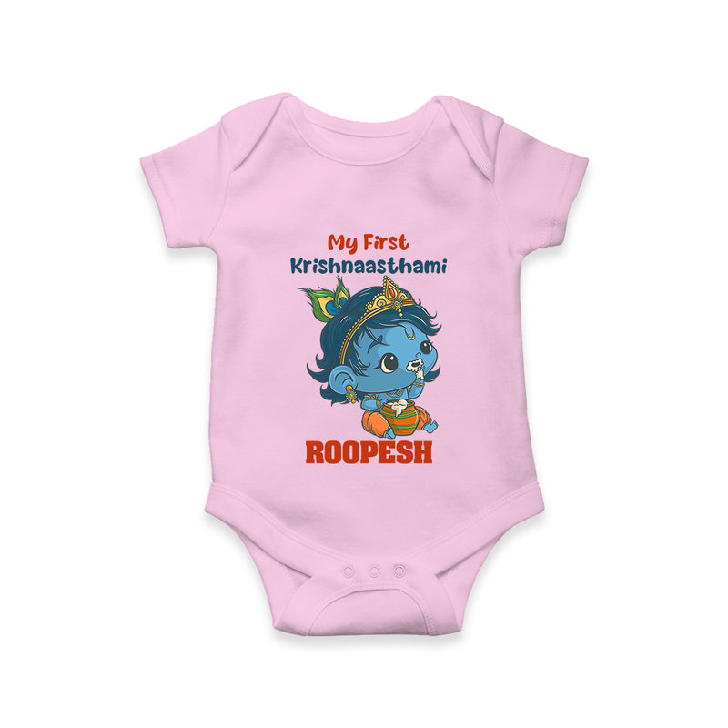 My First Krishnashtami Festive Romper/Onesie | Personalized Baby Romper/Onesie for Krishna's Birth - BABY PINK - New Born (Chest 14")