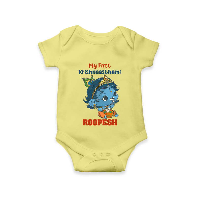 My First Krishnashtami Festive Romper/Onesie | Personalized Baby Romper/Onesie for Krishna's Birth - PASTEL YELLOW - New Born (Chest 14")