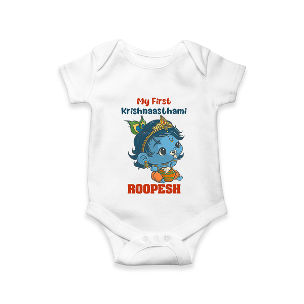 My First Krishnashtami Festive Romper/Onesie | Personalized Baby Romper/Onesie for Krishna's Birth - WHITE - New Born (Chest 14")