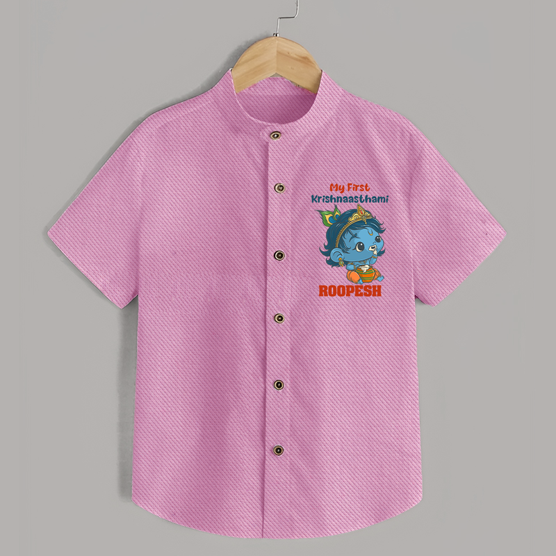 My First Krishnashtami Festive Shirt | Personalized Baby Shirt for Krishna's Birth - BABY PINK - 0 - 6 Months Old (Chest 23")