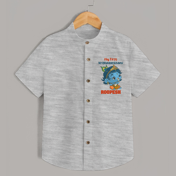 My First Krishnashtami Festive Shirt | Personalized Baby Shirt for Krishna's Birth - GREY - 0 - 6 Months Old (Chest 23")