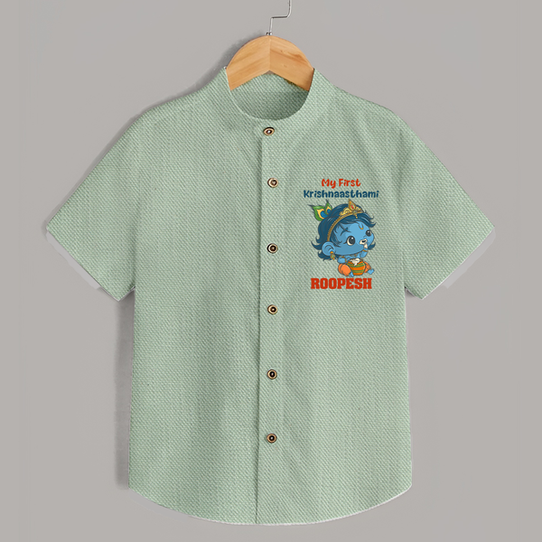 My First Krishnashtami Festive Shirt | Personalized Baby Shirt for Krishna's Birth - MINT GREEN - 0 - 6 Months Old (Chest 23")