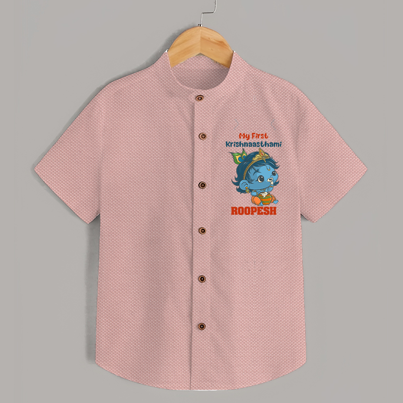 My First Krishnashtami Festive Shirt | Personalized Baby Shirt for Krishna's Birth - PEACH - 0 - 6 Months Old (Chest 23")