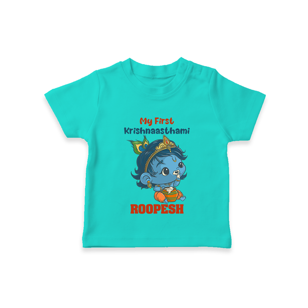 My First Krishnashtami Festive T-shirt | Personalized Baby T-shirt for Krishna's Birth - TEAL - 0-5 Months Old (Chest 17")