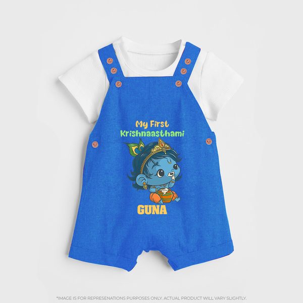 My First Krishnashtami Festive Dungaree Set | Personalized Baby Dungaree Set for Krishna's Birth - COBALT BLUE - 0 - 5 Months Old (Chest 18")