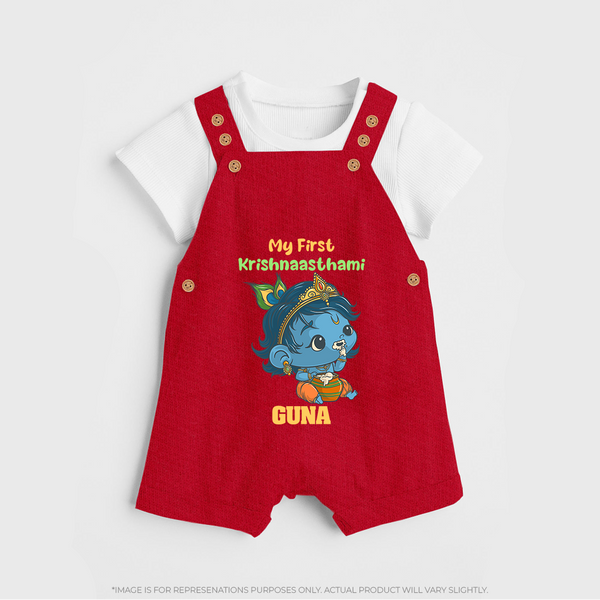 My First Krishnashtami Festive Dungaree Set | Personalized Baby Dungaree Set for Krishna's Birth - RED - 0 - 5 Months Old (Chest 18")