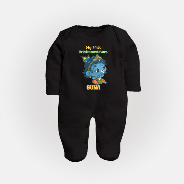 My First Krishnashtami Festive Sleep Suit/Full Sleeve Body Suit | Personalized Baby Sleep Suit/Full Sleeve Body Suit for Krishna's Birth - BLACK - New Born (Chest 7.5")