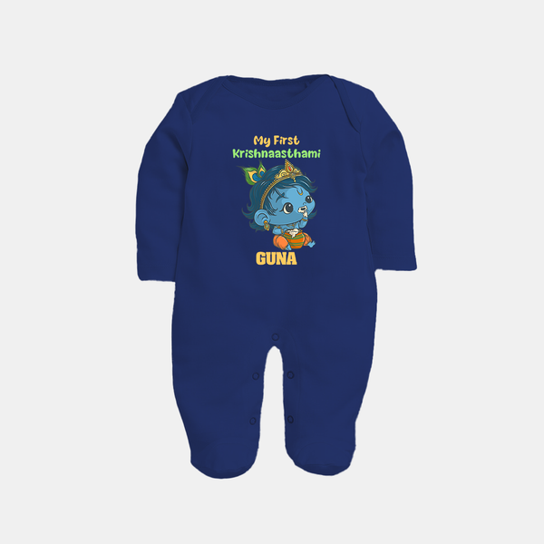 My First Krishnashtami Festive Sleep Suit/Full Sleeve Body Suit | Personalized Baby Sleep Suit/Full Sleeve Body Suit for Krishna's Birth - NAVY BLUE - New Born (Chest 7.5")