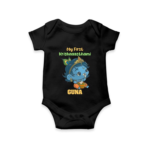 My First Krishnashtami Festive Romper/Onesie | Personalized Baby Romper/Onesie for Krishna's Birth - BLACK - New Born (Chest 14")