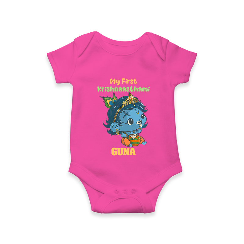 My First Krishnashtami Festive Romper/Onesie | Personalized Baby Romper/Onesie for Krishna's Birth - HOT PINK - New Born (Chest 14")