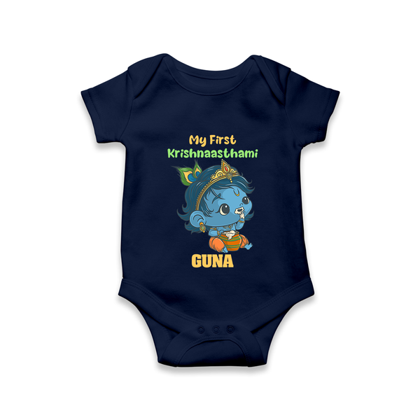 My First Krishnashtami Festive Romper/Onesie | Personalized Baby Romper/Onesie for Krishna's Birth - NAVY BLUE - New Born (Chest 14")