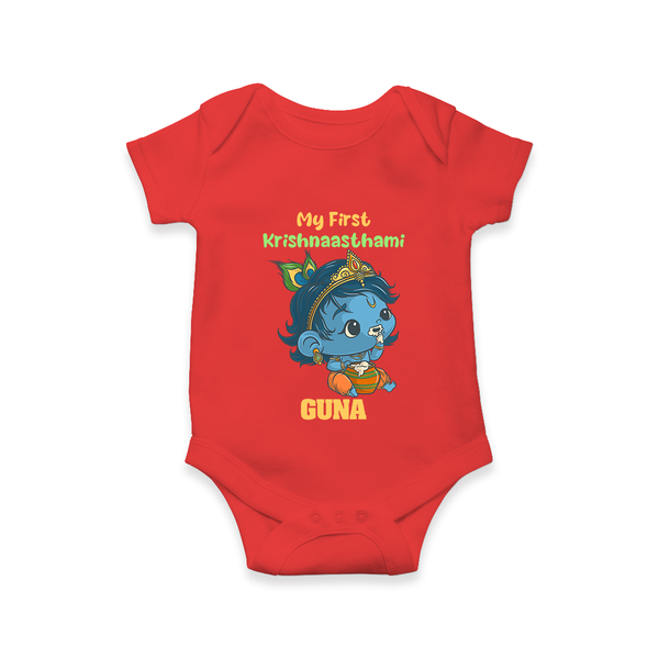 My First Krishnashtami Festive Romper/Onesie | Personalized Baby Romper/Onesie for Krishna's Birth - RED - New Born (Chest 14")