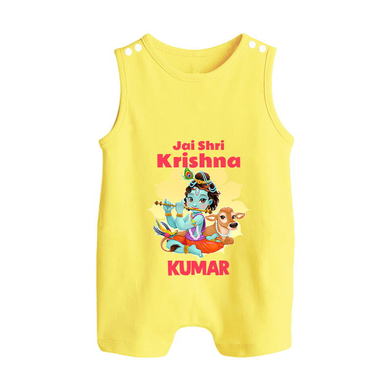 Jai Shri Krishna Romper Suit | Custom Baby Romper Suit Celebrating Lord Krishna - PASTEL YELLOW - 0 - 5 Months Old (Chest 18")