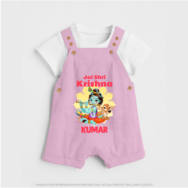 Jai Shri Krishna Dungaree Set | Custom Baby Dungaree Set Celebrating Lord Krishna - BABY PINK - 0 - 5 Months Old (Chest 18")
