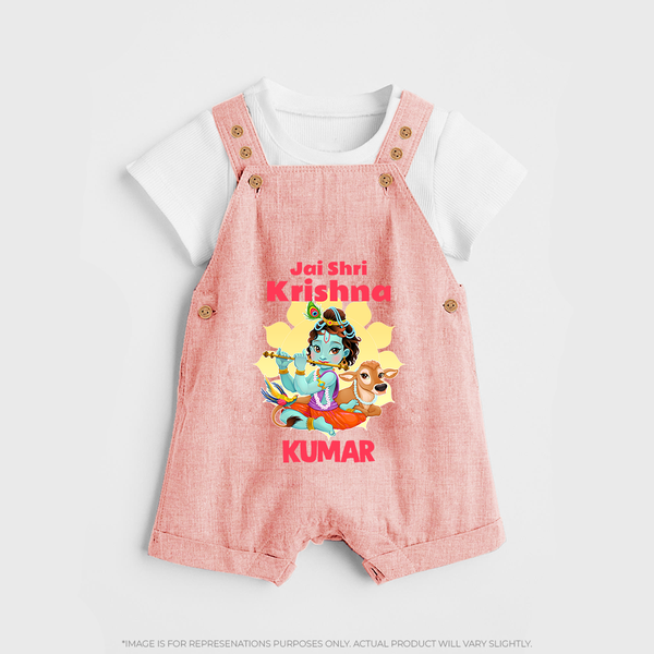 Jai Shri Krishna Dungaree Set | Custom Baby Dungaree Set Celebrating Lord Krishna - PEACH - 0 - 5 Months Old (Chest 18")
