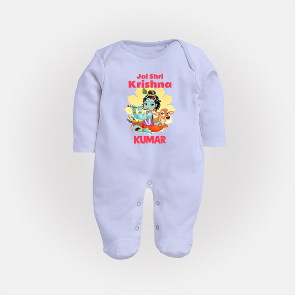 Jai Shri Krishna Sleep Suit | Custom Baby Sleep Suit Celebrating Lord Krishna - BABY BLUE - New Born (Chest 7.5")