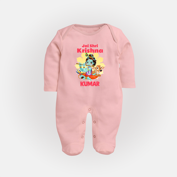 Jai Shri Krishna Sleep Suit | Custom Baby Sleep Suit Celebrating Lord Krishna - BABY PINK - New Born (Chest 7.5")