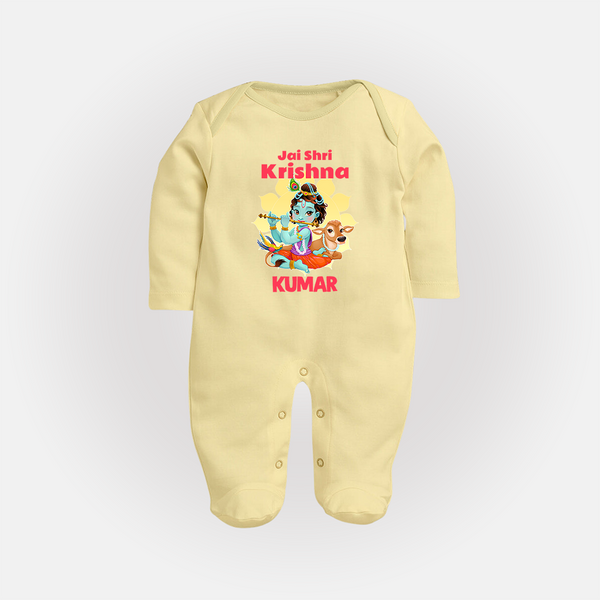Jai Shri Krishna Sleep Suit | Custom Baby Sleep Suit Celebrating Lord Krishna - PASTEL YELLOW - New Born (Chest 7.5")