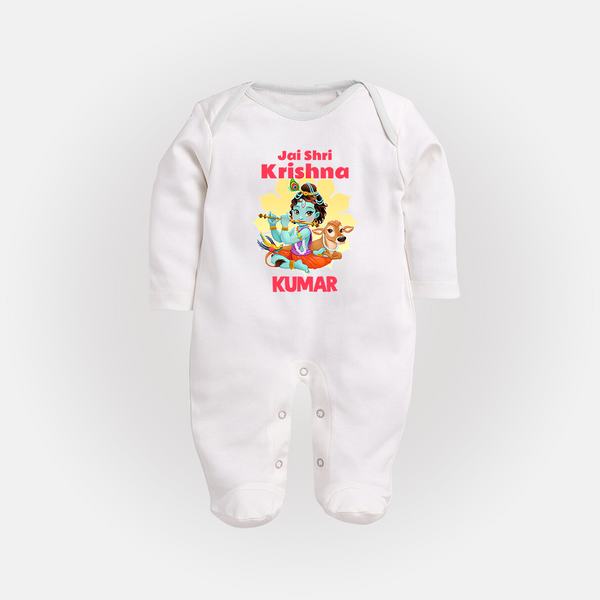 Jai Shri Krishna Sleep Suit | Custom Baby Sleep Suit Celebrating Lord Krishna - WHITE - New Born (Chest 7.5")