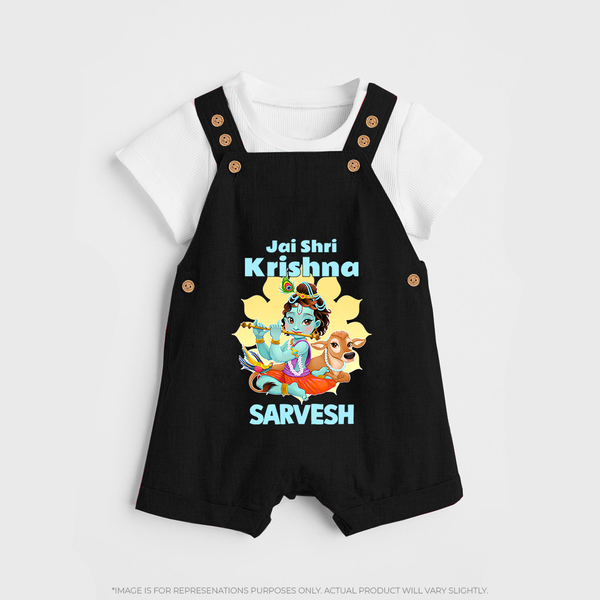 Jai Shri Krishna Dungaree Set | Custom Baby Dungaree Set Celebrating Lord Krishna - BLACK - 0 - 5 Months Old (Chest 18")