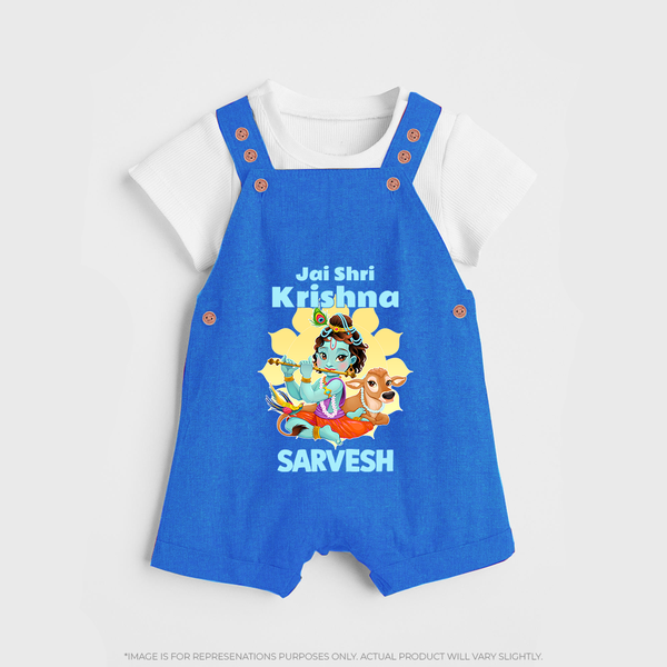 Jai Shri Krishna Dungaree Set | Custom Baby Dungaree Set Celebrating Lord Krishna - COBALT BLUE - 0 - 5 Months Old (Chest 18")