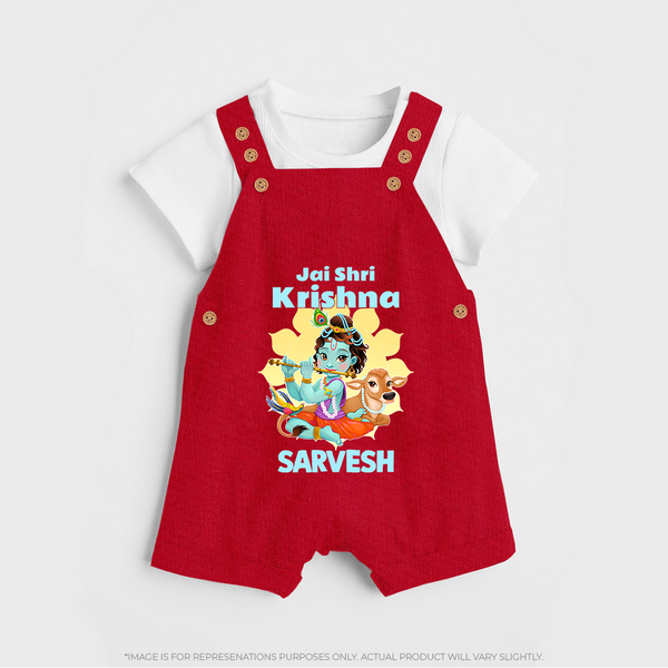 Jai Shri Krishna Dungaree Set | Custom Baby Dungaree Set Celebrating Lord Krishna - RED - 0 - 5 Months Old (Chest 18")