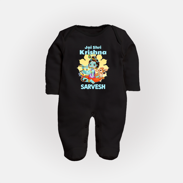 Jai Shri Krishna Sleep Suit | Custom Baby Sleep Suit Celebrating Lord Krishna - BLACK - New Born (Chest 7.5")