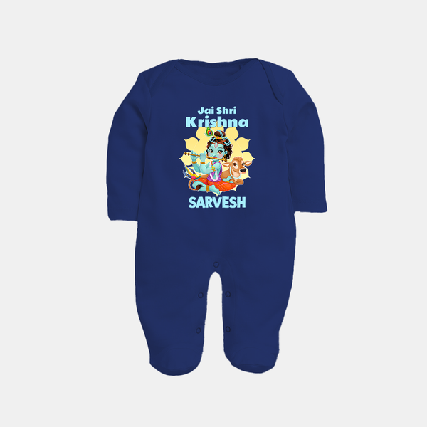 Jai Shri Krishna Sleep Suit | Custom Baby Sleep Suit Celebrating Lord Krishna - NAVY BLUE - New Born (Chest 7.5")