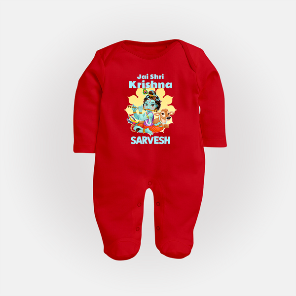 Jai Shri Krishna Sleep Suit | Custom Baby Sleep Suit Celebrating Lord Krishna - RED - New Born (Chest 7.5")