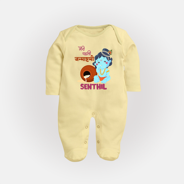 Celebrate Meri Pehli Janmashtami | Custom Baby Sleep Suit / Full Sleeve BodySuit for Your Baby's First Janmashtami - PASTEL YELLOW - New Born (Chest 7.5")