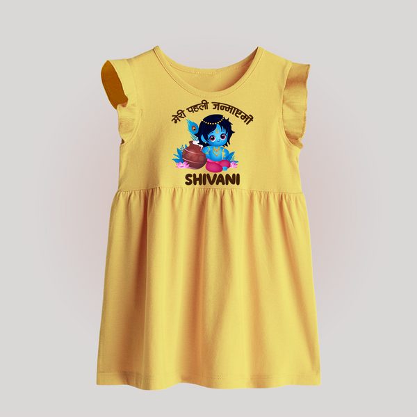 Meri Pehli Janmashtami Special Baby Frock | Personalized Baby Outfit for Krishna Jayanthi - PASTEL YELLOW - 0 - 3 Months Old (Chest 17")