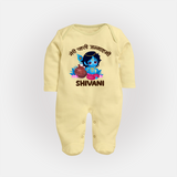 Meri Pehli Janmashtami Special Sleep Suit / Full Sleeve BodySuit | Personalized Baby Outfit for Krishna Jayanthi - PASTEL YELLOW - New Born (Chest 7.5")
