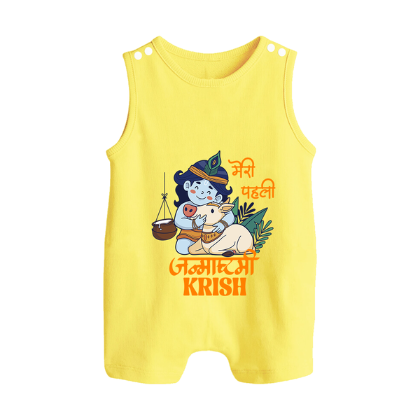 Meri Pehli Janmashtami Romper Suit / Sleeveless Romper | Custom Baby Romper Suit / Sleeveless Romper for Your Little One's First Krishna Festival - PASTEL YELLOW - 0 - 5 Months Old (Chest 18")