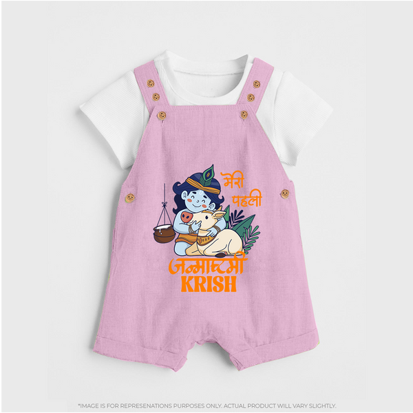 Meri Pehli Janmashtami Dungaree Set | Custom Baby Dungaree Set for Your Little One's First Krishna Festival - BABY PINK - 0 - 5 Months Old (Chest 18")