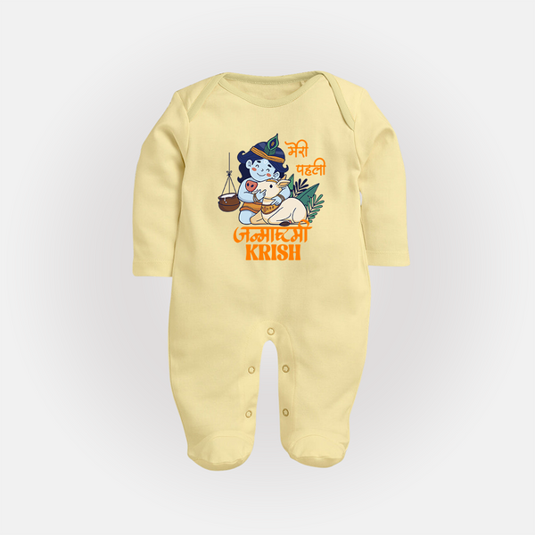 Meri Pehli Janmashtami Sleep Suit / Full Sleeve BodySuit | Custom Baby Sleep Suit / Full Sleeve BodySuit for Your Little One's First Krishna Festival - PASTEL YELLOW - New Born (Chest 7.5")