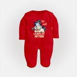 Meri Pehli Janmashtami Sleep Suit / Full Sleeve BodySuit | Custom Baby Sleep Suit / Full Sleeve BodySuit for Your Little One's First Krishna Festival - RED - New Born (Chest 7.5")