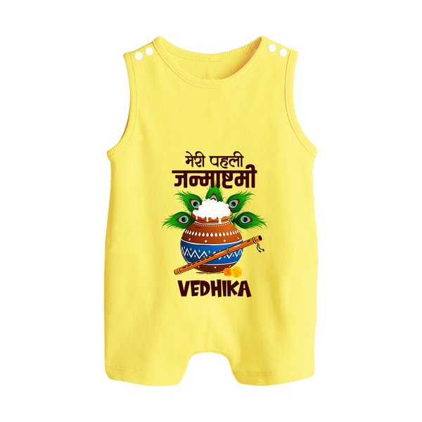 Meri Pehli Janmashtami Romper Suit / Sleeveless Romper | Personalized Outfit for Your Baby's First Janmashtami Celebration - PASTEL YELLOW - 0 - 5 Months Old (Chest 18")