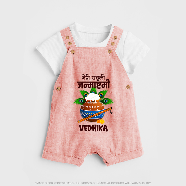 Meri Pehli Janmashtami Dungaree Set | Personalized Outfit for Your Baby's First Janmashtami Celebration - PEACH - 0 - 5 Months Old (Chest 18")
