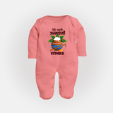 Meri Pehli Janmashtami Sleep Suit / Full Sleeve BodySuit | Personalized Outfit for Your Baby's First Janmashtami Celebration - PEACH - New Born (Chest 7.5")