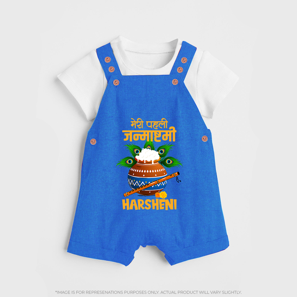 Meri Pehli Janmashtami Dungaree Set | Personalized Outfit for Your Baby's First Janmashtami Celebration - COBALT BLUE - 0 - 5 Months Old (Chest 18")