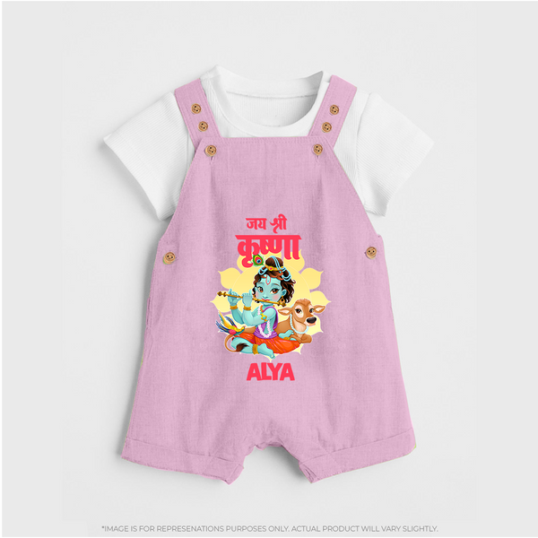 Jai Shri Krishna Dungaree Set | Personalized Dungaree Set for Krishna's Blessings - BABY PINK - 0 - 5 Months Old (Chest 18")