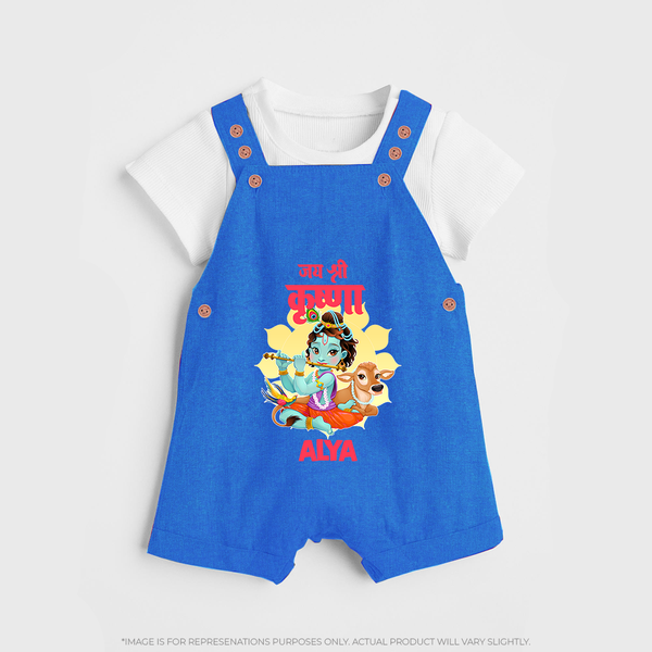 Jai Shri Krishna Dungaree Set | Personalized Dungaree Set for Krishna's Blessings - COBALT BLUE - 0 - 5 Months Old (Chest 18")