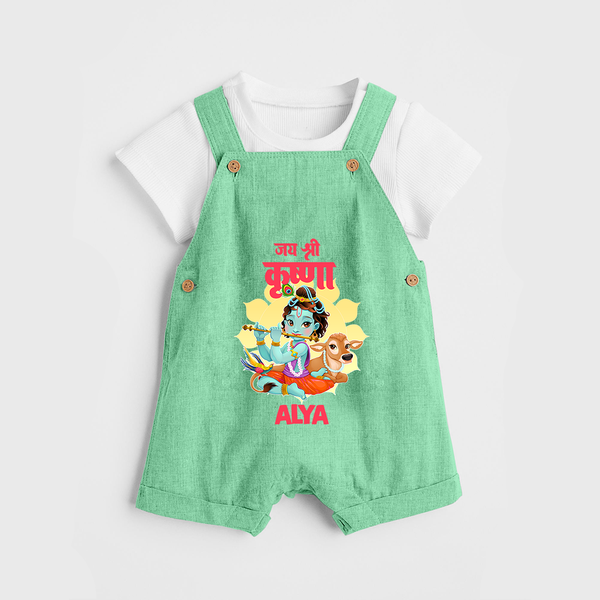 Jai Shri Krishna Dungaree Set | Personalized Dungaree Set for Krishna's Blessings - GREEN - 0 - 5 Months Old (Chest 18")