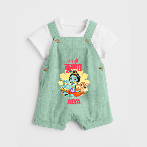 Jai Shri Krishna Dungaree Set | Personalized Dungaree Set for Krishna's Blessings - MINT GREEN - 0 - 5 Months Old (Chest 18")