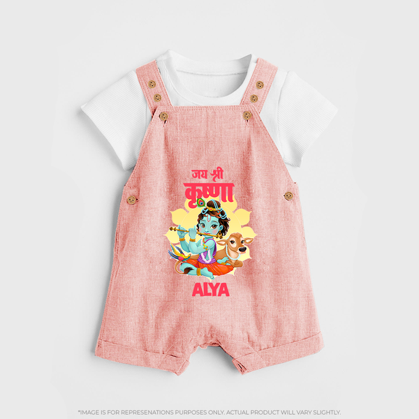 Jai Shri Krishna Dungaree Set | Personalized Dungaree Set for Krishna's Blessings - PEACH - 0 - 5 Months Old (Chest 18")